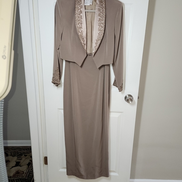 JOVANI Taupe Dress with beaded trim on gown and Jacket - Picture 1 of 6
